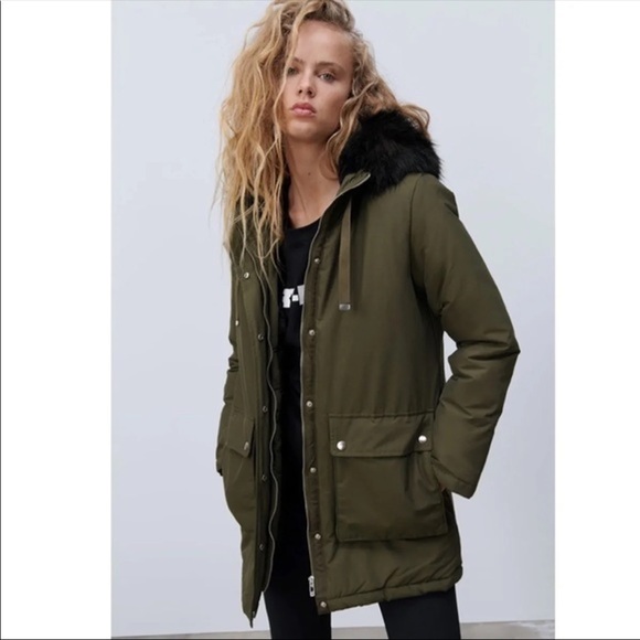 Zara Jackets \u0026 Coats | Nwt Zara Padded Parka with Hood Faux Fur, Lined GREEN. | Color: Black/Green | Size: M | Yuyu715's Closet